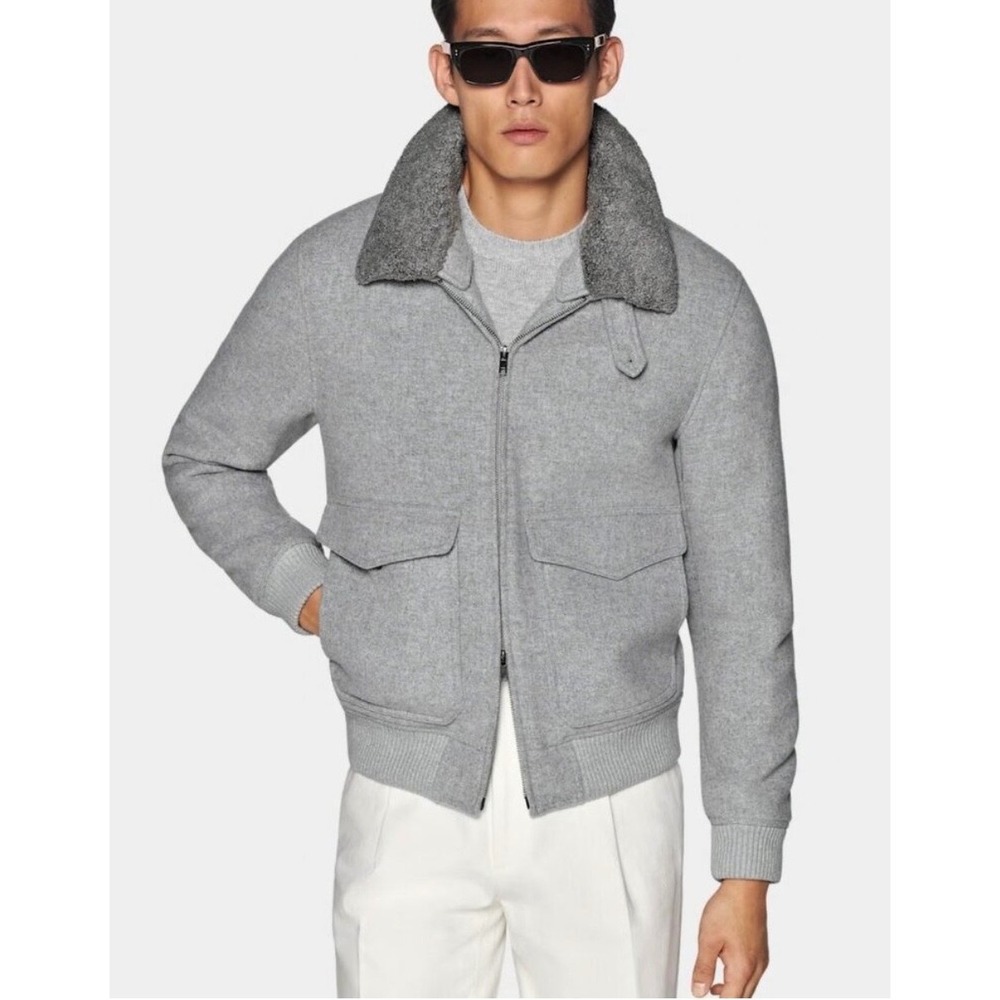 Suitsupply Wool Shearling Bomber Jacket Mens US 44 Grey Minimalist Quiet Luxury